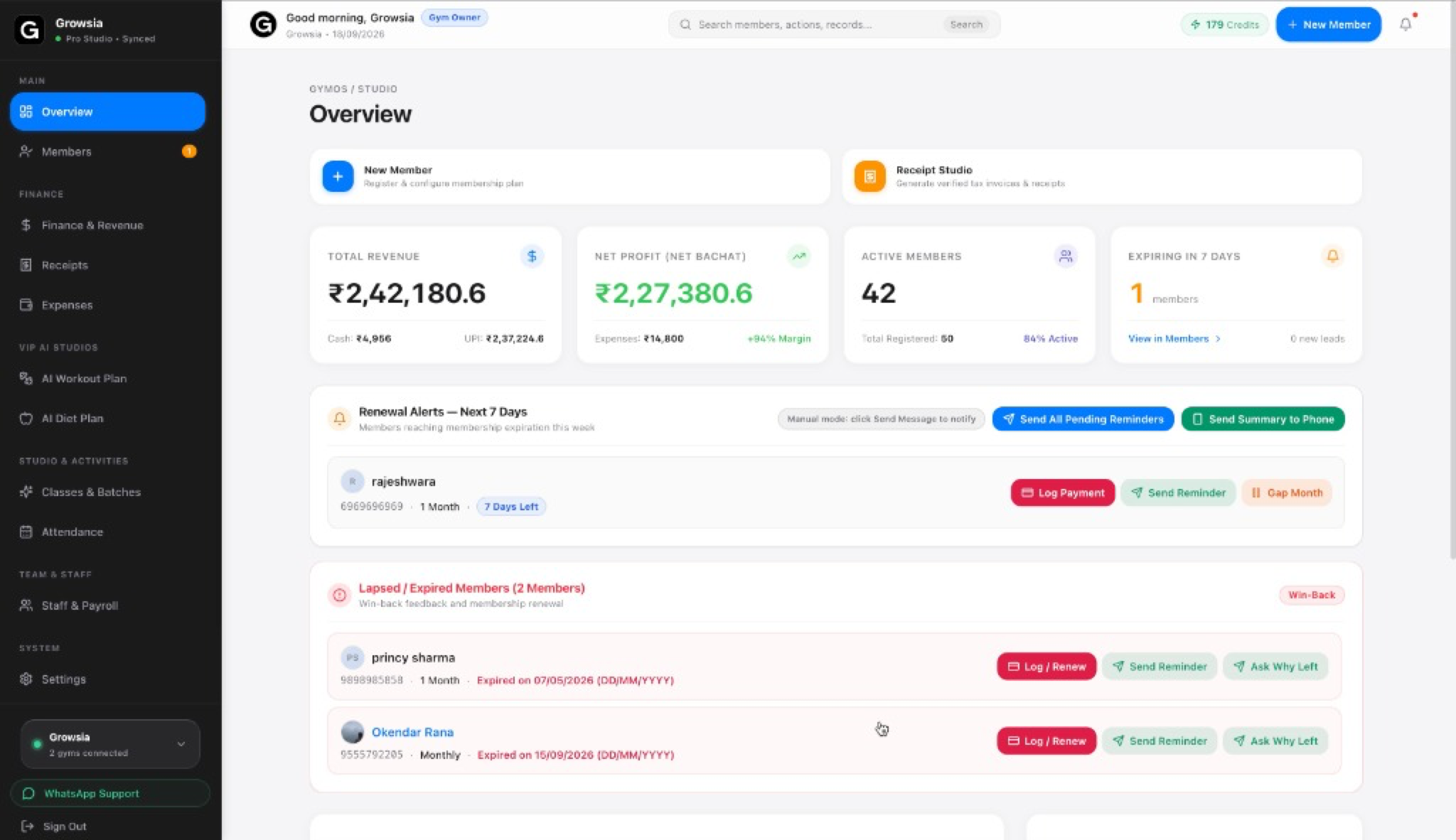 GymOS dashboard preview showing member management, revenue metrics, attendance tracking and WhatsApp receipts